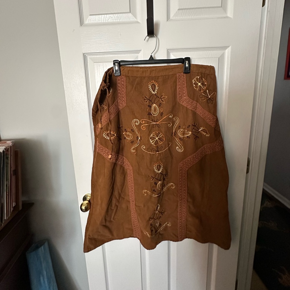Blue Sky Brown A-Line Skirt with Embroidery